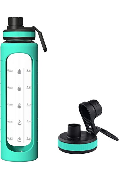 Arabest 33oz Glass Water Bottle with Time Marks, Silicone Sleeve, Flip Lid fo...