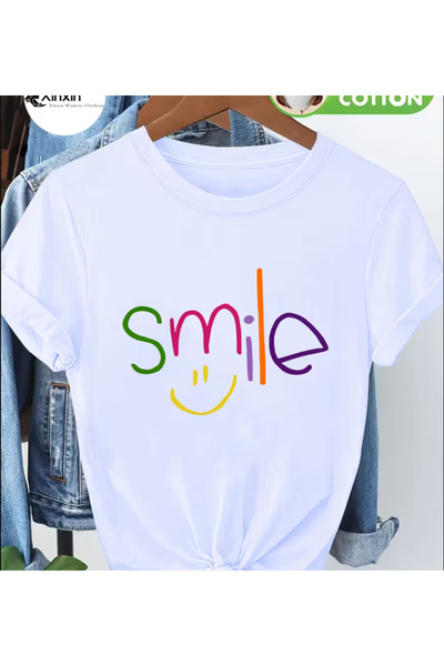 LİNA06 Women's pure 100% comfortable T-shirt, fashionable colorful Smile lett...