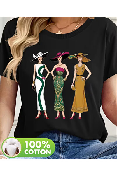 LİNA06 Short-Sleeve T-Shirt with a Pattern of Three Women