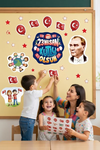 Kt Grup 23 Nisan Çocuk Bayramı Atatürk Cam Duvar Süsleme 100 Parça Okul Anaokulu Stickerları Etiket Seti