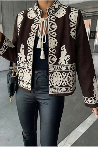 FEMELLE Women's Brown Stand Collar Tasseled Embroidered Cashmere Jacket