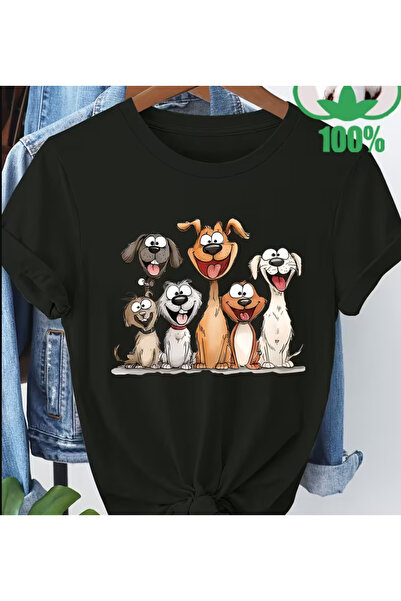 LİNA06 Cartoon-style Dog Pattern Print 100% Crew Neck Skin-friendly Breathabl...