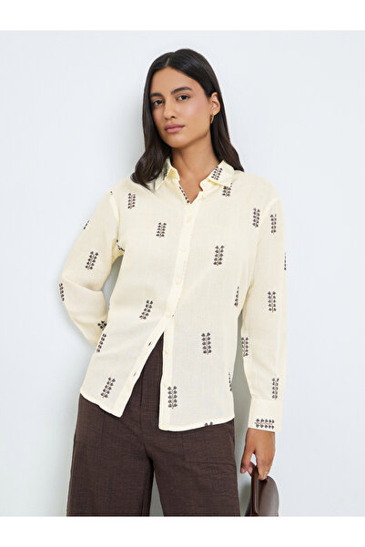 Styli White Embroidered Long Sleeve Oversized Shirt