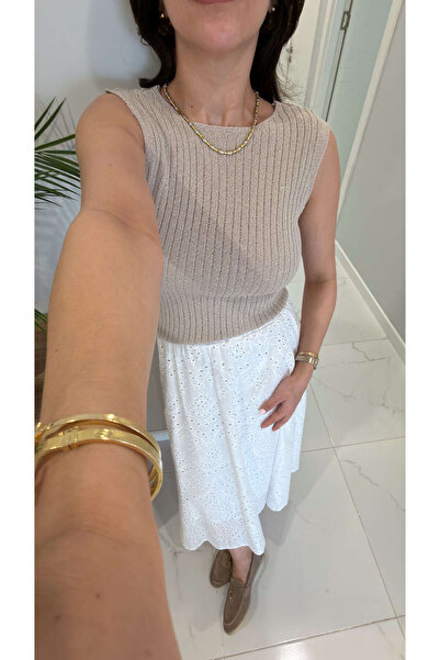 BİRCANÇİL Alen Beige Sleeveless Knitwear with Lace Back