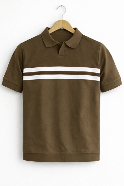 Edwox Ανδρικό πλεκτό μπλουζάκι με ανοιχτό γιακά και ριγέ σχέδιο, ανοιχτό καφέ...