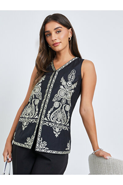 Styli Black Embroidered Evening Waistcoat