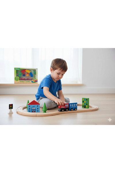 GLOBO Set Trenulet Din Lemn, Cu Sina Universala, O Locomotiva Si 2 Vagoane, P...