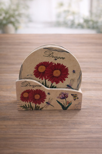 PARTİPORT Decorative Flower Patterned Coasters Set of 6 Wooden Look Round Mod...