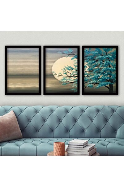 OEM Set de picturi decorative Re-Bloom, 3 piese, MDF/plastic, albastru/bej, 3...