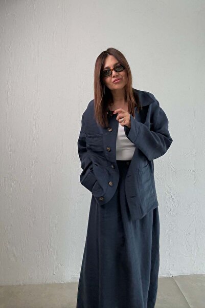 ELVAN TOLON Σετ πουκάμισο-φούστα σε μπλε ναυτικό χρώμα με τσέπες