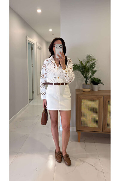 BİRCANÇİL İnsilla Λευκή Τζιν Φούστα με Ζώνη