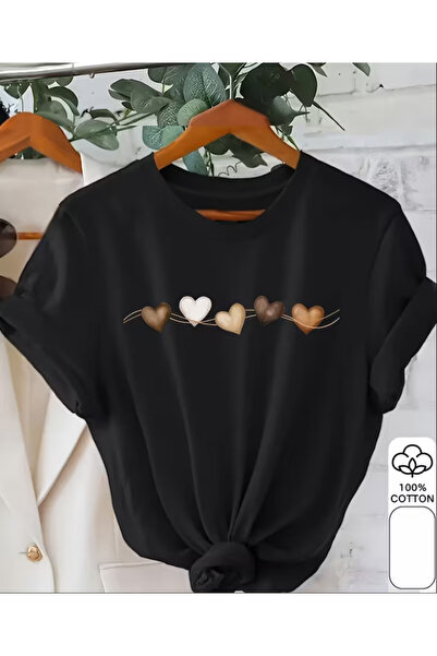 LİNA06 100% Short-Sleeve T-Shirt for Women with a Heart Pattern Print, Versat...