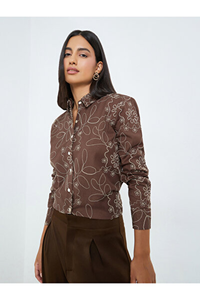 Styli Brown Embroidered Cotton Oversized Shirt