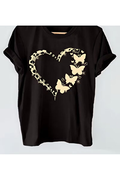 LİNA06 Black Butterfly & Heart Graphic Print T-Shirt - Short Sleeve Crew Neck...