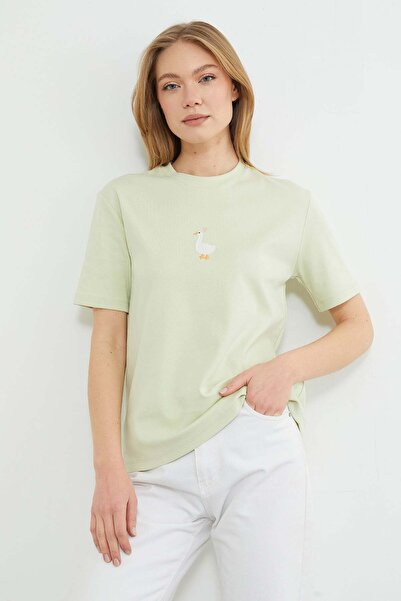 Fulla Moda Μπλουζάκι με κέντημα πάπιας και λαιμόκοψη ποδηλάτου, χαλαρή εφαρμογή