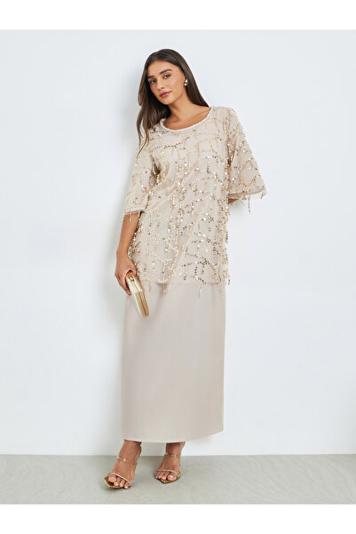Styli Beige Sequin A-Line Maxi Dress