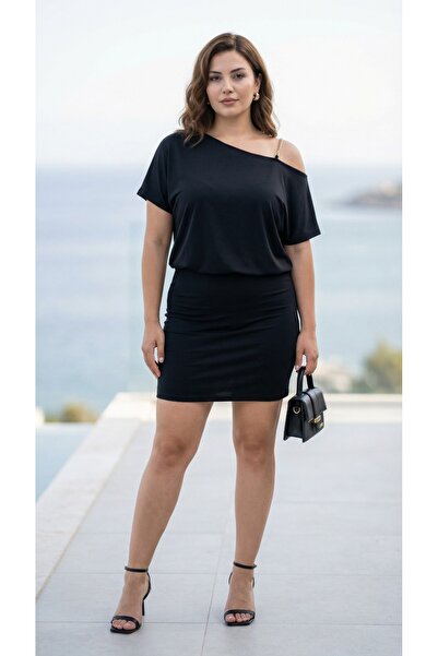 Kokosh moda Women's Black Mini Dress with Open Shoulder Buckle Detail and Straps