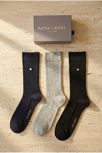 Katia&Bony Erkek 3'lü Gri Premium Kutulu Zımbalı Soket Çorap
