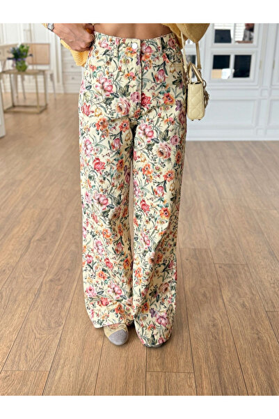 My Blog Yellow-Pink Floral Patterned Denim Trousers - 251033