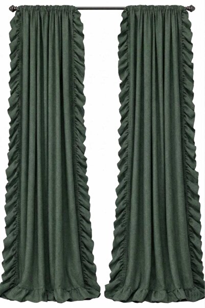 Madame Dower Özel Tasarım Yeşil Keten Ruffle Perde 2 Panel Rod Pocket/Slot - ...