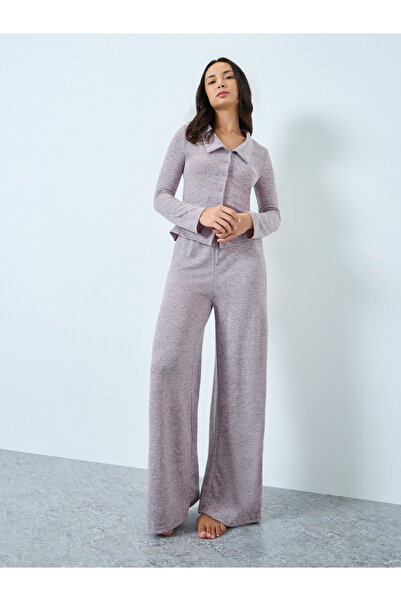 Styli Pink Melange Knit Collared Shirt and Pyjama Set