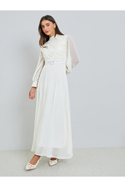 Styli White Lace Yoke Maxi Dress with Belt