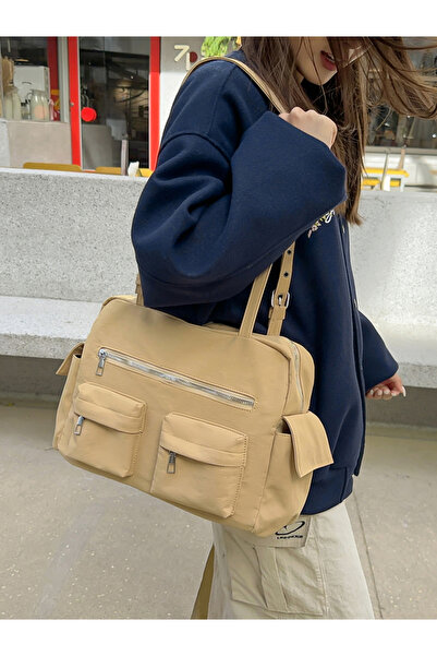 Take Two By Styli Beige Zip Pocket Double Strap Shoulder Bag