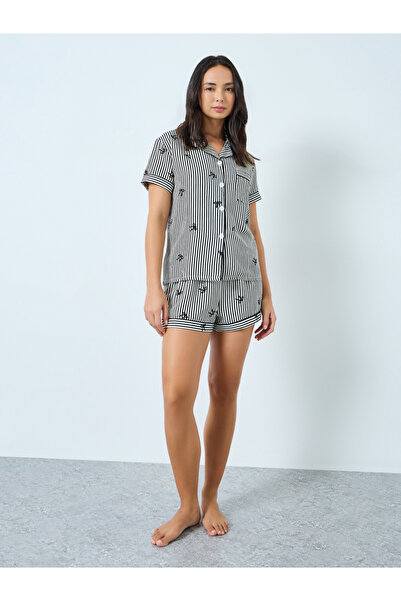 Take Two By Styli Black Striped Bow Print Shirt and Shorts Set