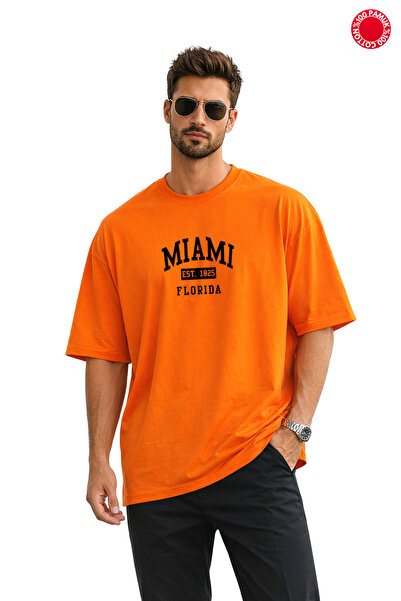 DUBU BUTİK Orange Oversize T-Shirt Unisex 100% Cotton Miami Florida Letter Pr...