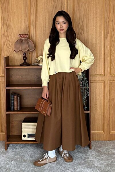 Ceylan Otantik Bitter Brown Linen Single Button Skirt