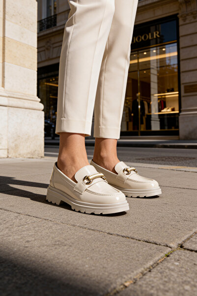 morpotin Kadın Şık & Konforlu Loafer Ayakkabı Kalın Taban Metal Tokalı Krem S...