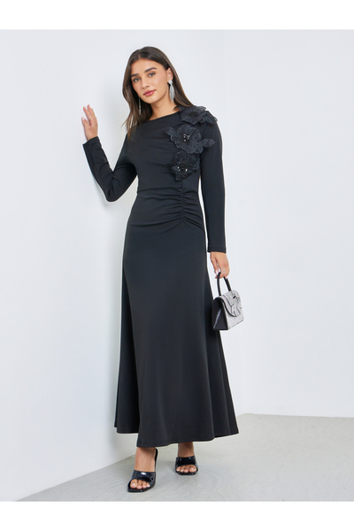 Styli Black Flower Applique A-Line Maxi Dress