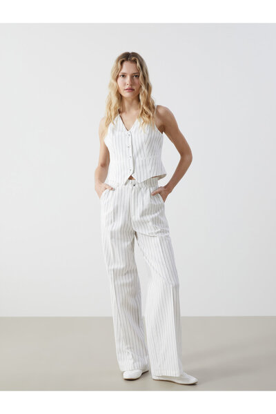 LC Waikiki Pantaloni de damă cu croială lejeră, cu dungi, din amestec de in