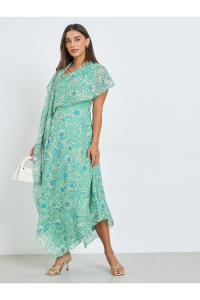 Styli Green Asymmetric Hem Draped Maxi Dress