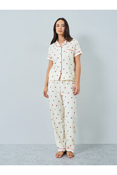 Take Two By Styli Cream Cherry Print Shirt and Pyjama Set