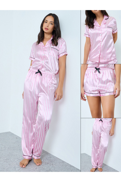 Take Two By Styli Pack of 3 - Striped Buttoned Shirt, Shorts and Pyjama Set