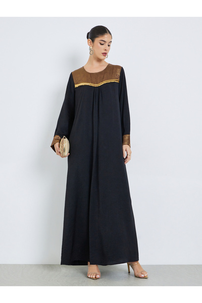 Amirah By Styli Black Foil Print Yoke Jalabiya