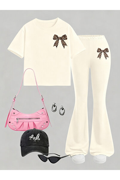 Take Two By Styli Girls Beige Bow T-Shirt and Flare Pants Set