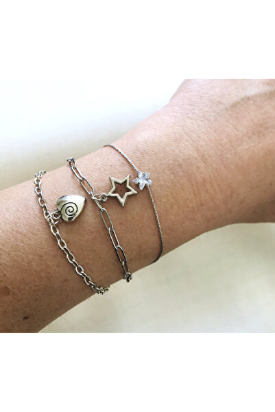 Mercan Aksesuar Heart and Star Silver Color 3-Piece Combination Bracelet