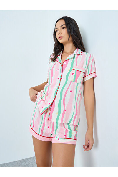 Take Two By Styli Pink Striped Shirt and Shorts Set