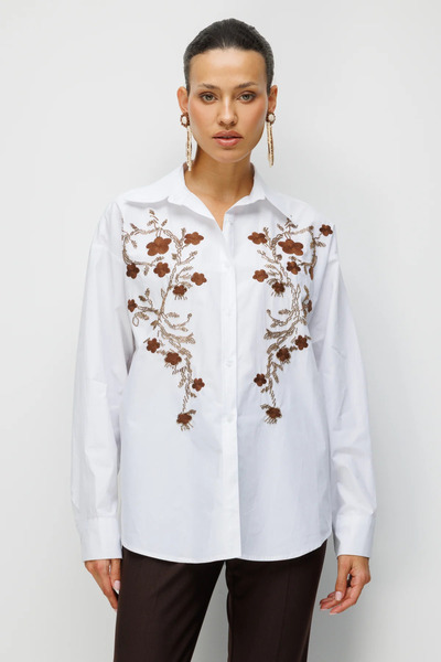 Ekol قميص قطني كبير الحجم مطرز بالزهور-2816