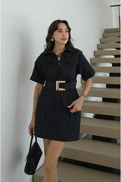 My Blog Μπλε ναυτικό τετράγωνο τζιν φόρεμα με ζώνη - 0806