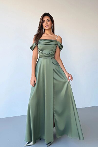 Nehire Γυναικείο βραδινό φόρεμα από σατέν με πέτρινες τιράντες και χαμηλό μαν...