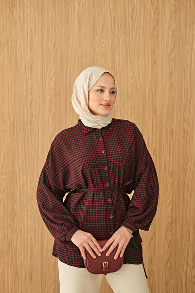 LOCCO Γυναικείο πουκάμισο με καρό σχέδιο και δέσιμο στη μέση, μπορντό