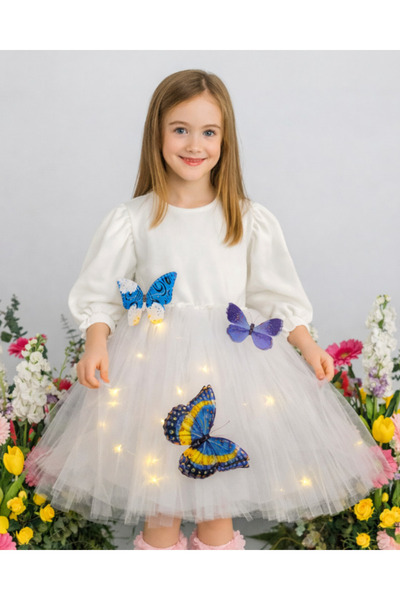 fustite cu luminite Rochie albă cu lumini, cu fluturi albaștri - 3-4 ani (98-...
