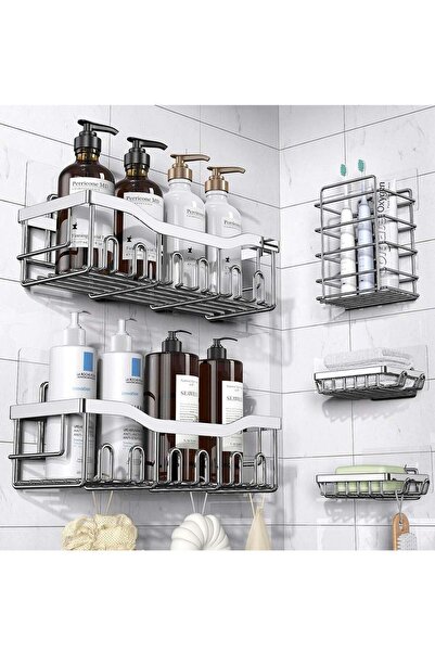 Yelajoy 5-Pack Shower Caddy, Drill-Free Adhesive Bathroom Organizer, Stainles...