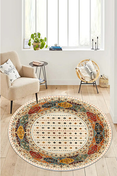Dally Home Dijital Kaymaz Baskılı ETNİK Yuvarlak Renkli Yıkanabilir Salon Hal...