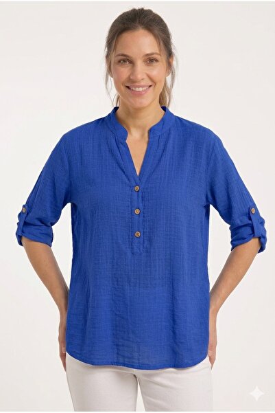 della moor Women's Saks Blue Italian Buttoned Court Collar Folded Short Sleev...