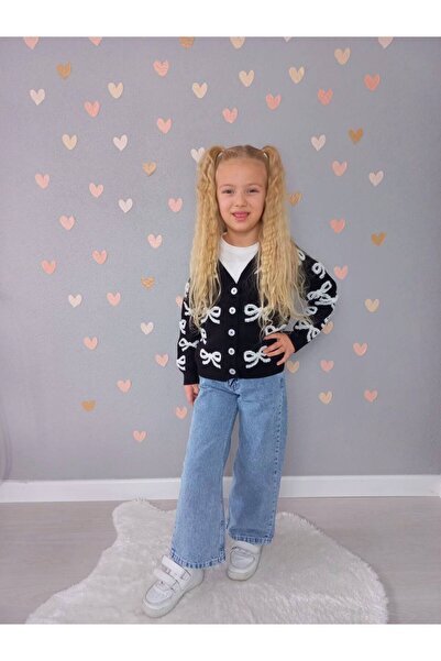 KİDSPİTİRCİK Set cardigan negru cu detalii fundă pentru fete