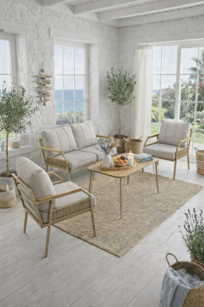 UFUK HOME Daisy Makrome Örgülü 211 Masalı Balkon & Bahçe Mobilyası Seti Balko...